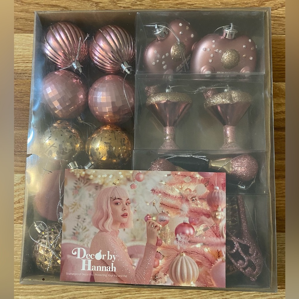 Decor by Hannah Pink and Gold Christmas Ornament Set New